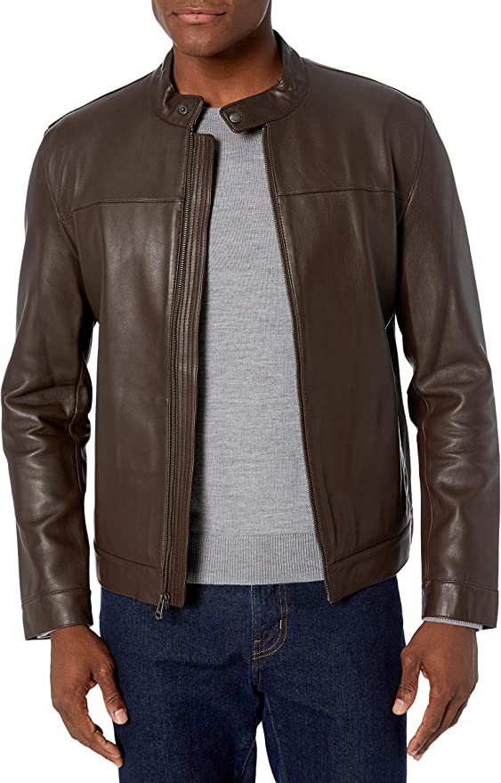Chocolate Brown Basic Genuine Leather Jacket Round Neck