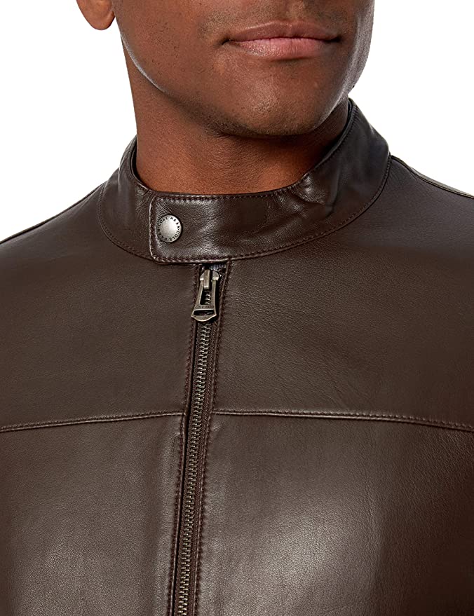 Chocolate Brown Basic Genuine Leather Jacket Round Neck