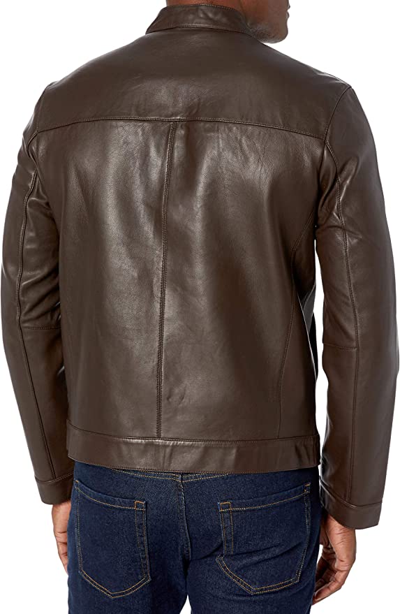 Chocolate Brown Basic Genuine Leather Jacket Round Neck