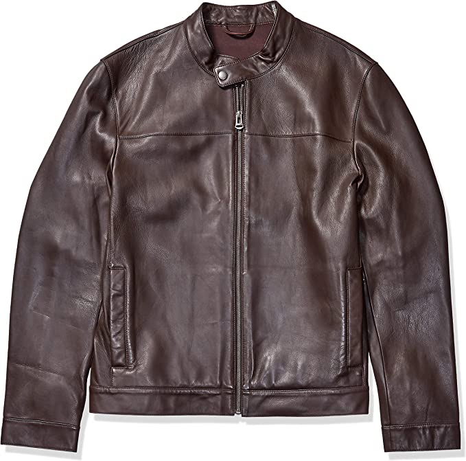 Chocolate Brown Basic Genuine Leather Jacket Round Neck