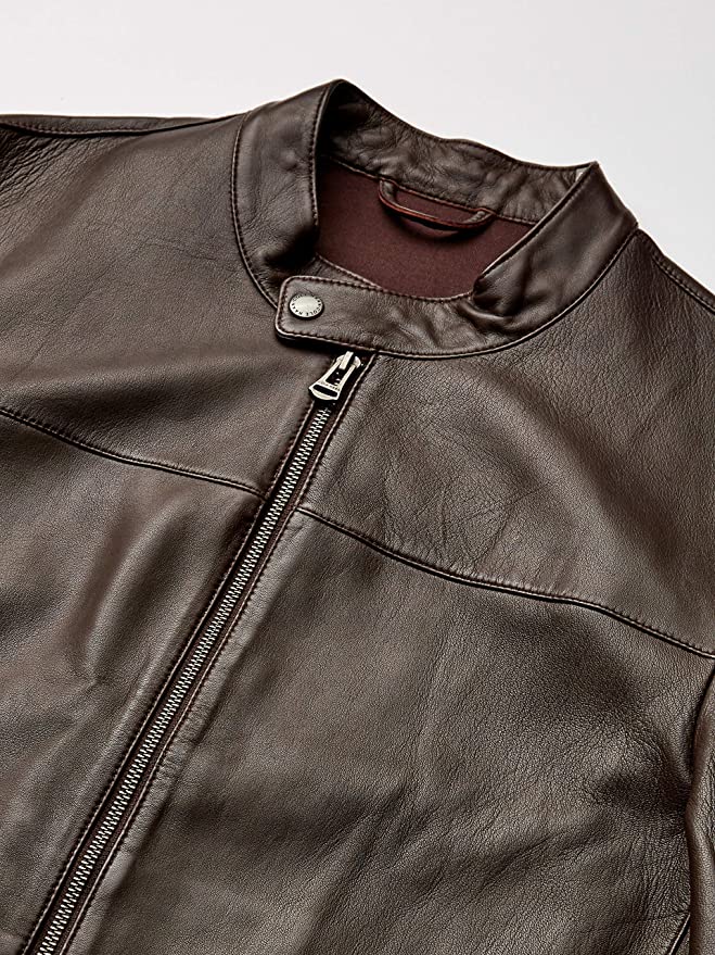 Chocolate Brown Basic Genuine Leather Jacket Round Neck