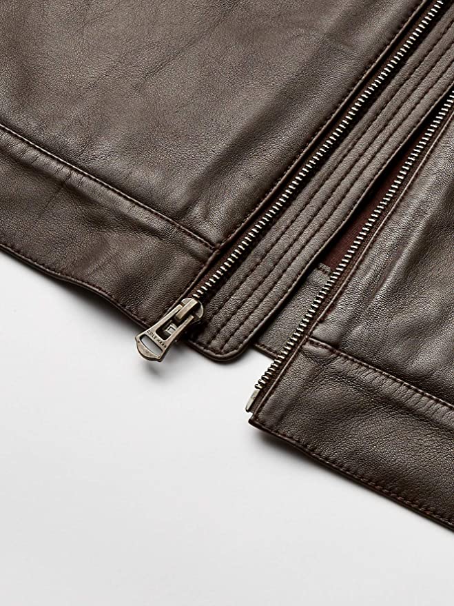 Chocolate Brown Basic Genuine Leather Jacket Round Neck