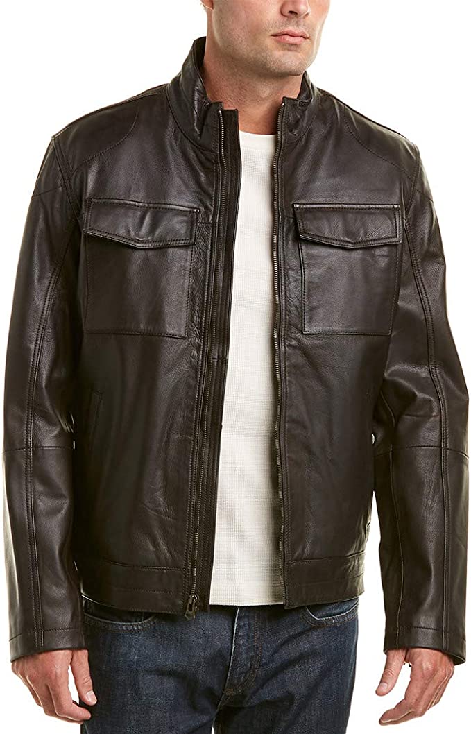 Double Pocket Genuine Lambskin Black Leather Jacket for Men
