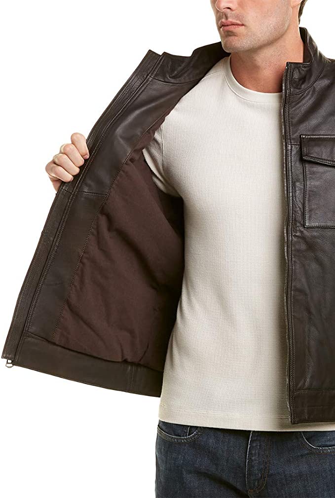 Double Pocket Genuine Lambskin Black Leather Jacket for Men