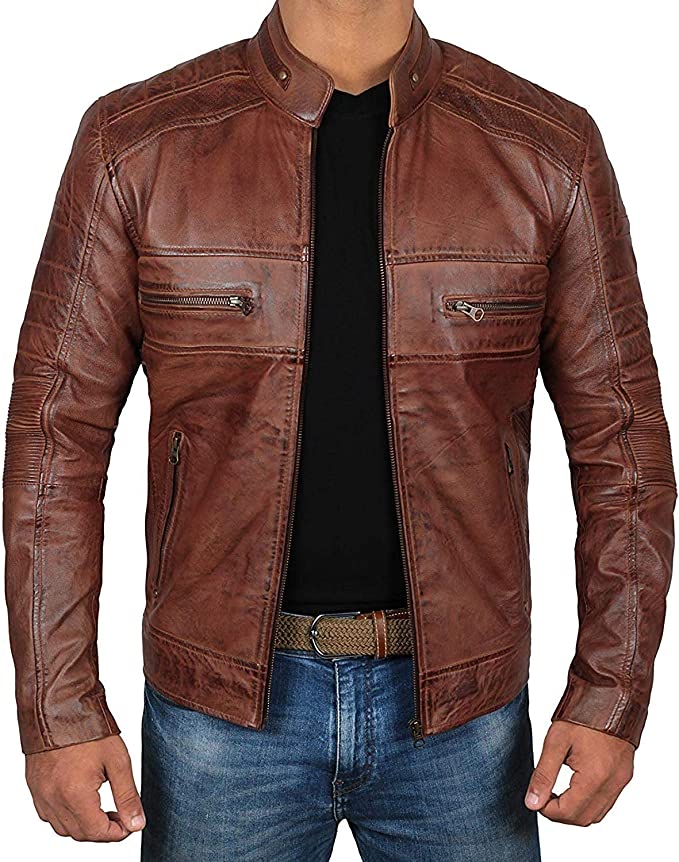 Men Round Collar Brown Leather Jacket
