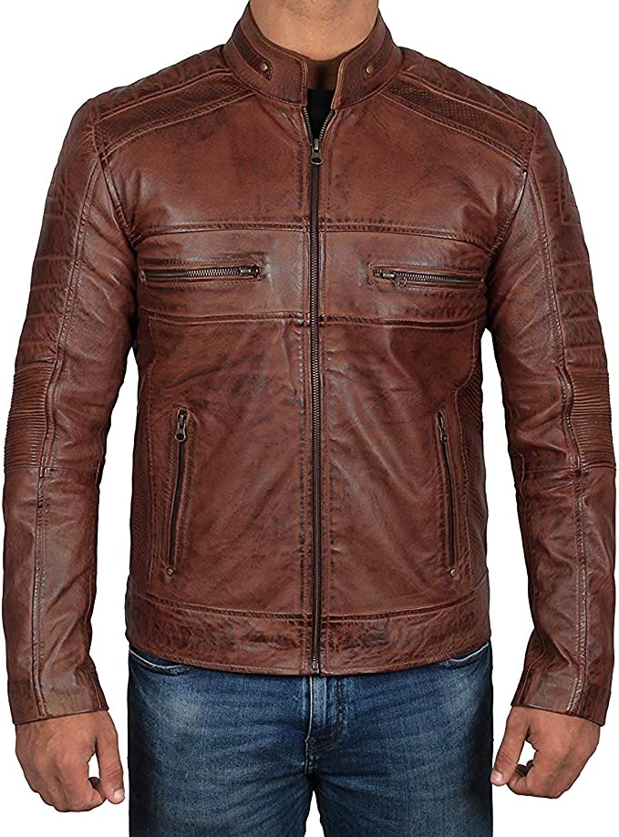 Men Round Collar Brown Leather Jacket
