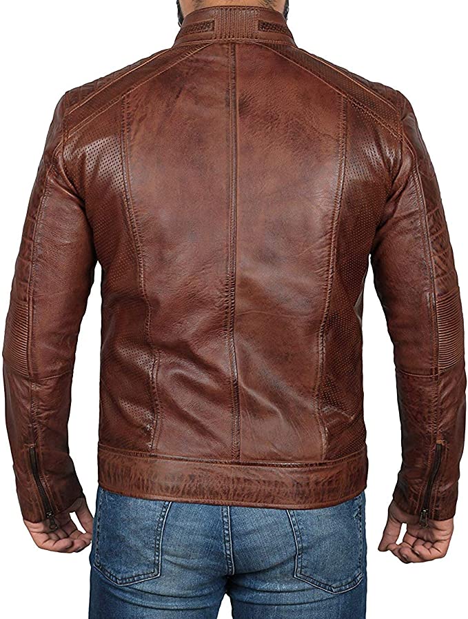 Men Round Collar Brown Leather Jacket
