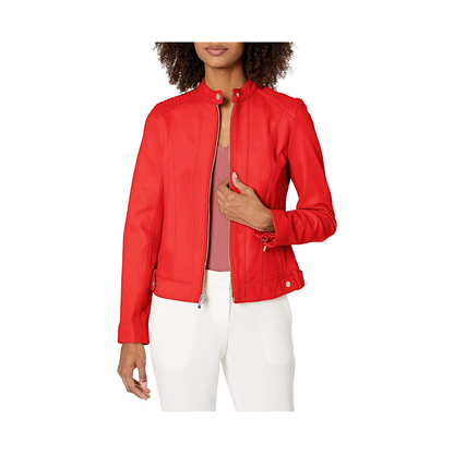 Women Tomato Red Genuine Leather Jacket