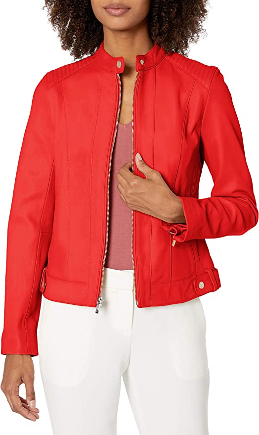 Women Tomato Red Genuine Leather Jacket