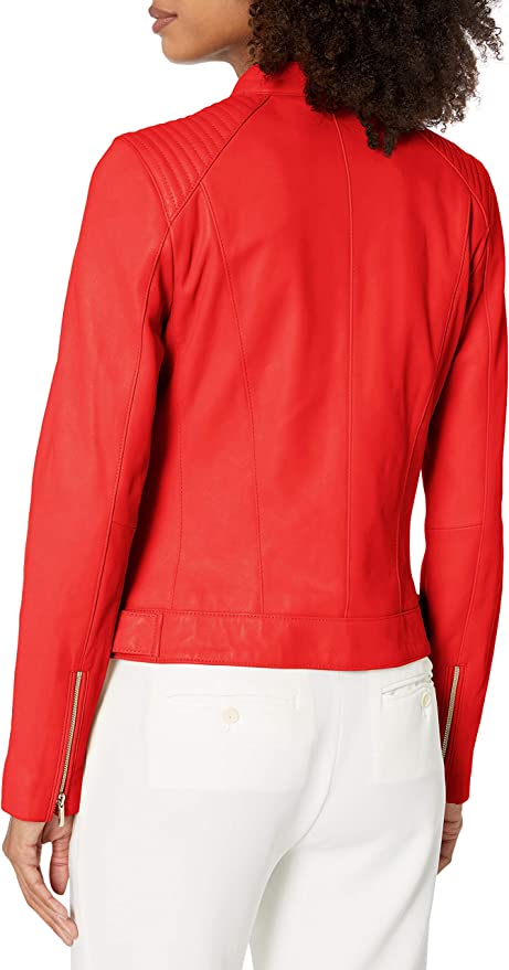 Women Tomato Red Genuine Leather Jacket