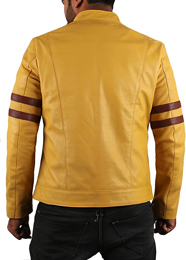 Men's Yellow Round Collar Biker Jacket 100% Real Lambskin Leather