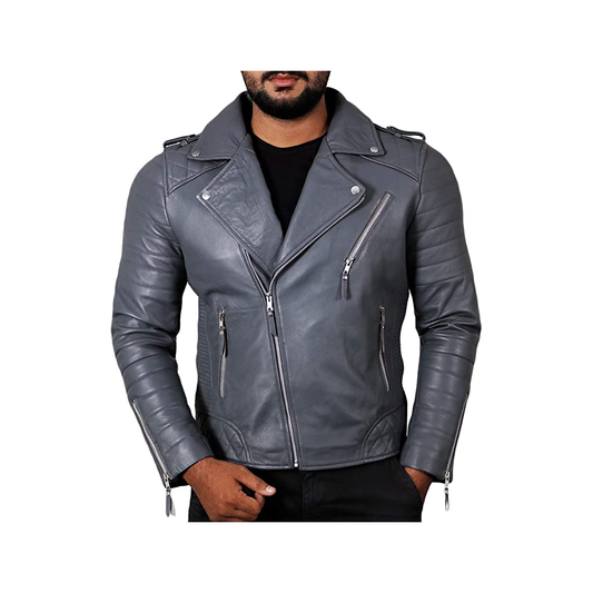 Gray Color Men's Biker Leather Jacket 100% Genuine Leather Jacket