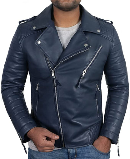 Royal Blue Color Men's Biker Leather Jacket 100% Genuine Leather Jacket