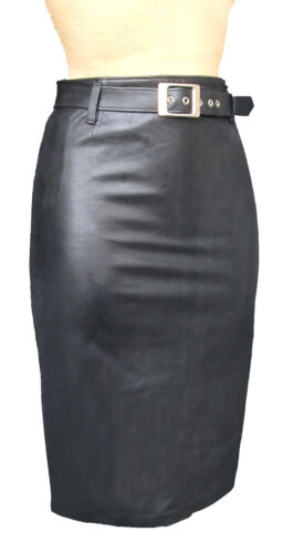 Women's Knee Length Black Belted Leather Skirt