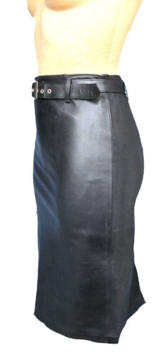 Women's Knee Length Black Belted Leather Skirt