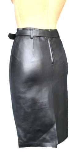 Women's Knee Length Black Belted Leather Skirt