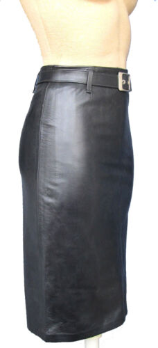 Women's Knee Length Black Belted Leather Skirt