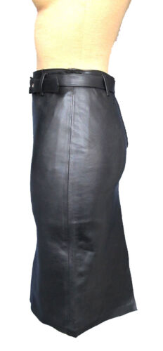 Women's Knee Length Black Belted Leather Skirt