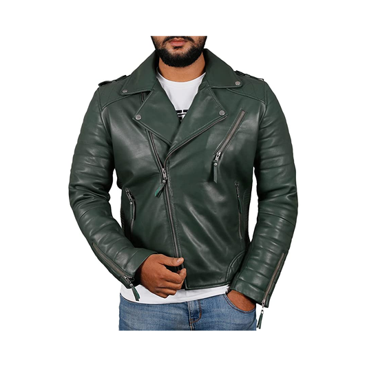 Dark Green Color Men's Biker Leather Jacket 100% Genuine Leather Jacket