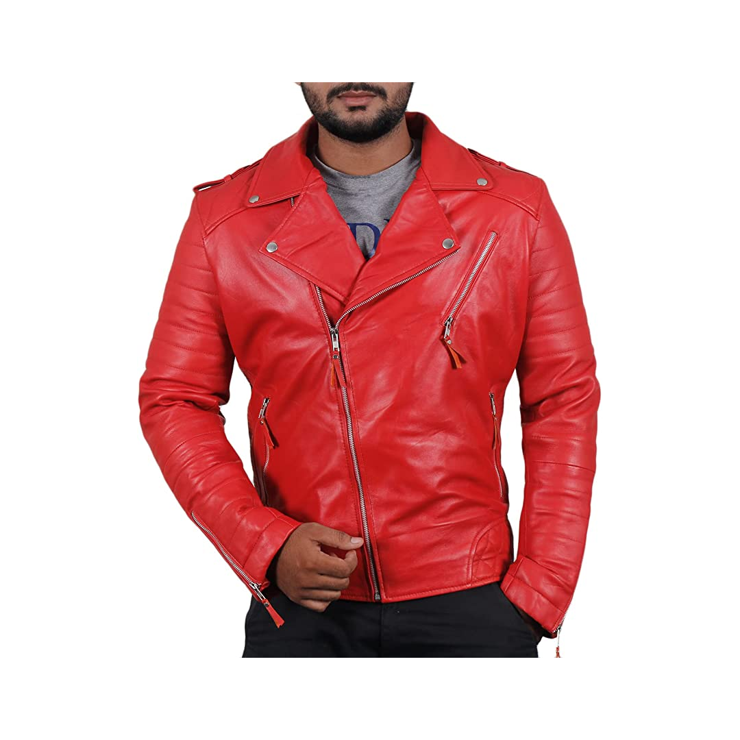 Red Color Men's Biker Leather Jacket 100% Genuine Leather Jacket