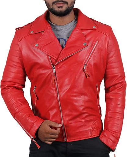 Red Color Men's Biker Leather Jacket 100% Genuine Leather Jacket