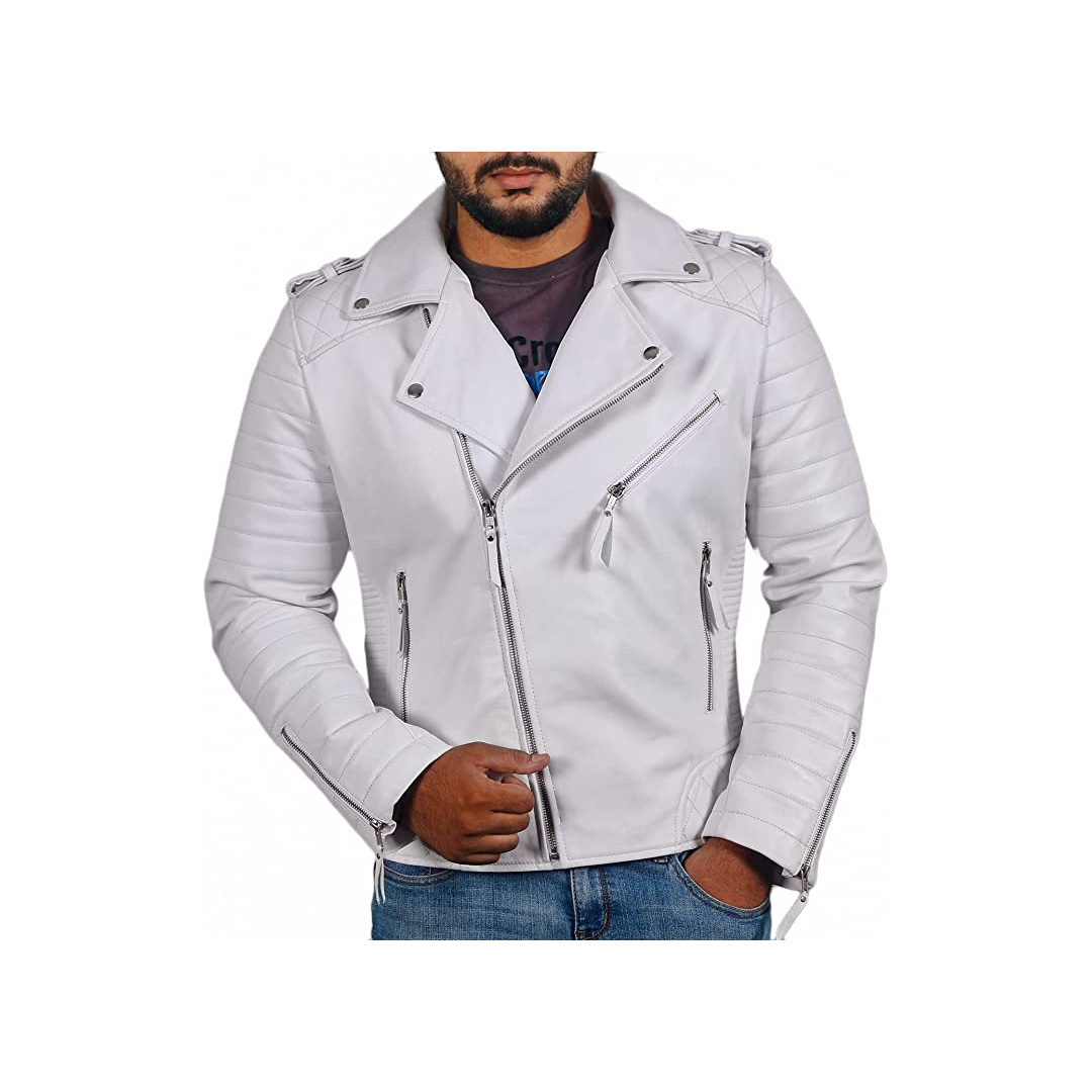 White Color Men's Biker Leather Jacket 100% Genuine Leather Jacket