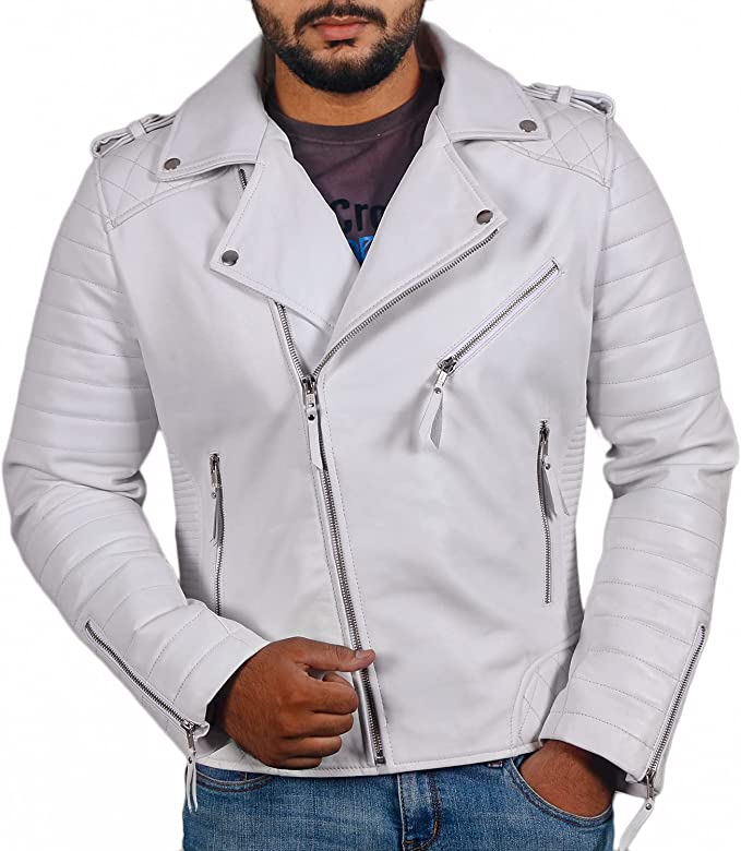 White Color Men's Biker Leather Jacket 100% Genuine Leather Jacket