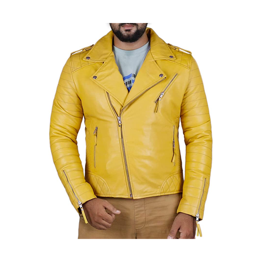 Yello Color Men's Biker Leather Jacket 100% Genuine Leather Jacket