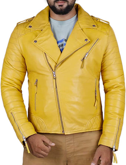 Yello Color Men's Biker Leather Jacket 100% Genuine Leather Jacket