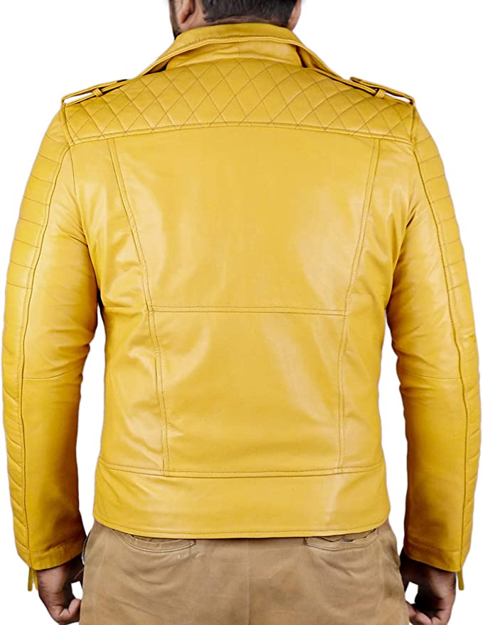 Yello Color Men's Biker Leather Jacket 100% Genuine Leather Jacket