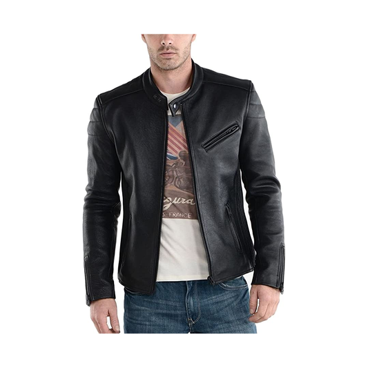 Men's Black Colour Genuine Lambskin Leather Biker Jacket Round Collar