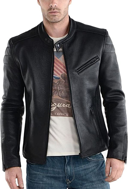 Men's Black Colour Genuine Lambskin Leather Biker Jacket Round Collar