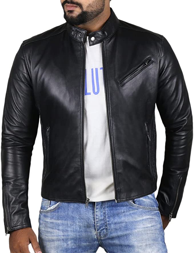 Men's Black Colour Genuine Lambskin Leather Biker Jacket Round Collar