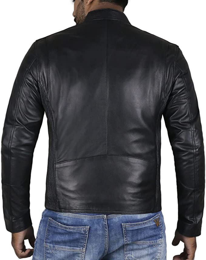 Men's Black Colour Genuine Lambskin Leather Biker Jacket Round Collar