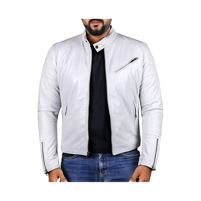 Men's White Colour Genuine Lambskin Leather Biker Jacket Round Collar