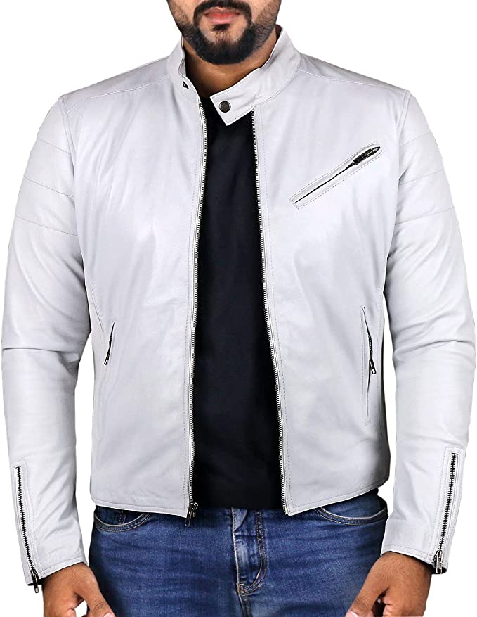 Men's White Colour Genuine Lambskin Leather Biker Jacket Round Collar