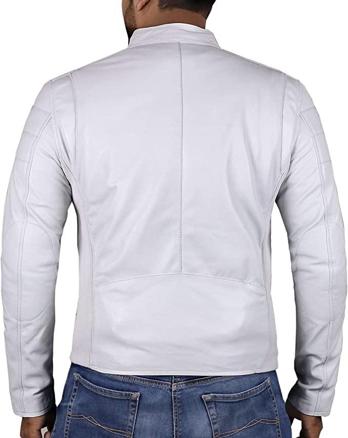 Men's White Colour Genuine Lambskin Leather Biker Jacket Round Collar