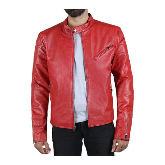 Men's Red Colour Genuine Lambskin Leather Biker Jacket Round Collar