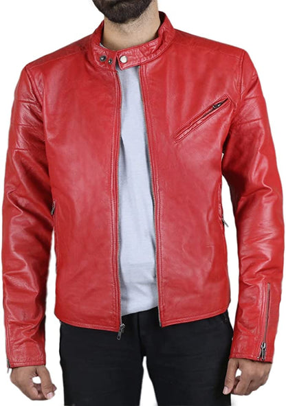 Men's Red Colour Genuine Lambskin Leather Biker Jacket Round Collar