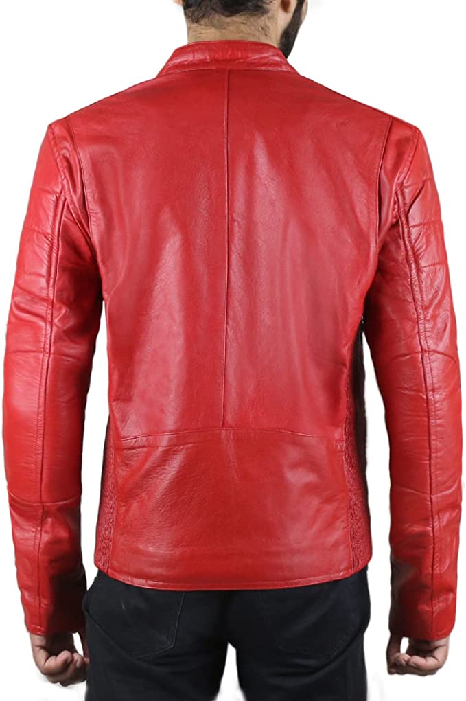 Men's Red Colour Genuine Lambskin Leather Biker Jacket Round Collar