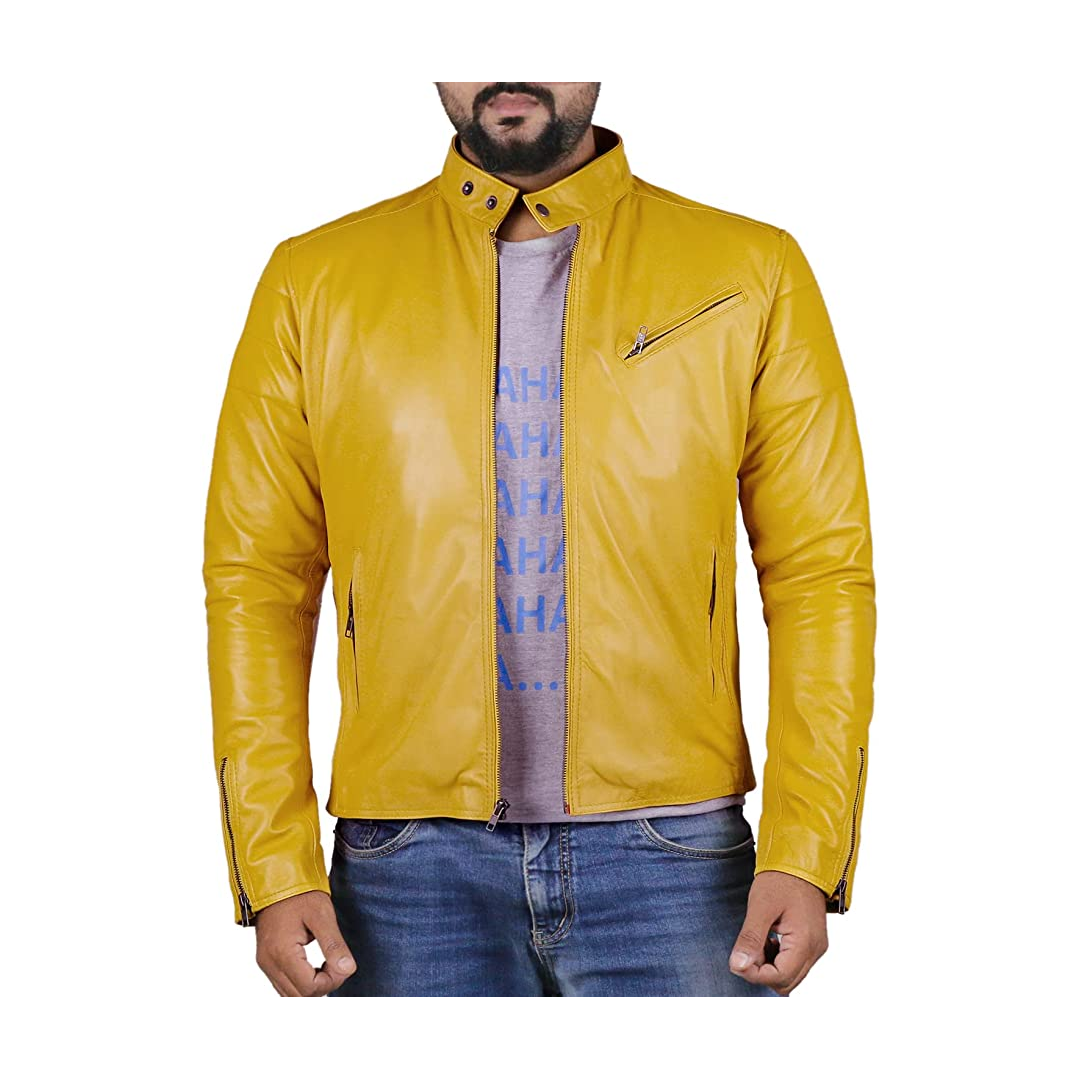 Men's Yellow Colour Genuine Lambskin Leather Biker Jacket Round Collar