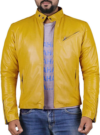 Men's Yellow Colour Genuine Lambskin Leather Biker Jacket Round Collar