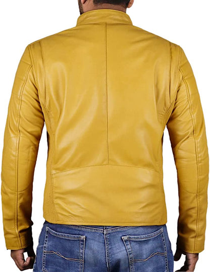 Men's Yellow Colour Genuine Lambskin Leather Biker Jacket Round Collar