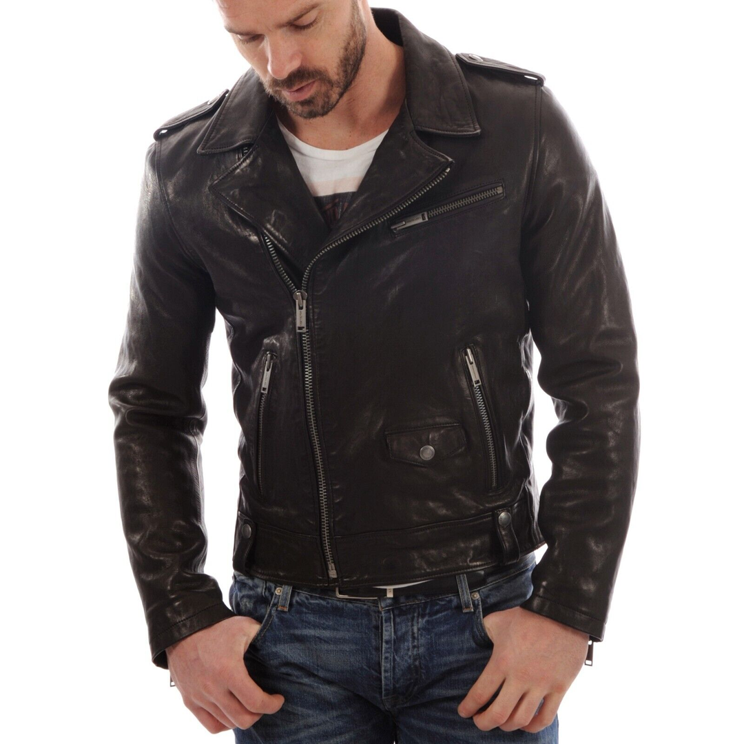 Men's Black Genuine Lambskin Leather Biker Jacket