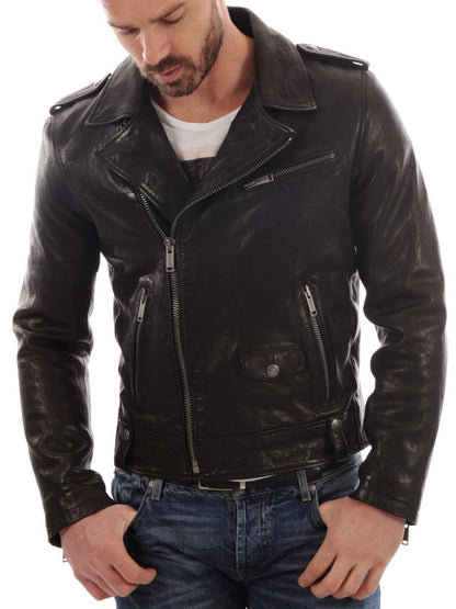 Men's Black Genuine Lambskin Leather Biker Jacket