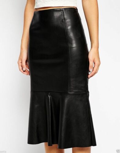 Women's Black Flared Knee Length Skirt Soft Leather Skirt