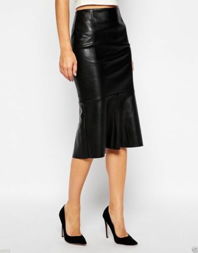 Women's Black Flared Knee Length Skirt Soft Leather Skirt