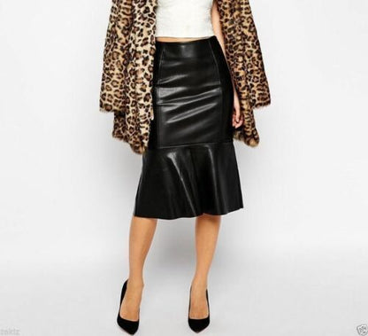 Women's Black Flared Knee Length Skirt Soft Leather Skirt