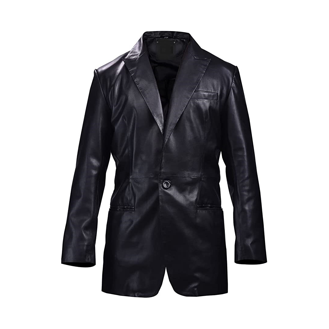 Men's One Button Black Real Leather Blazer