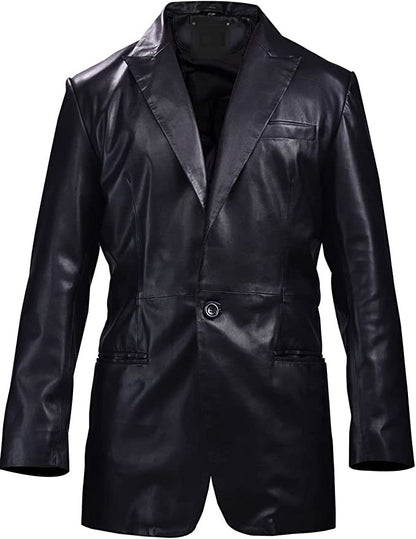 Men's One Button Black Real Leather Blazer